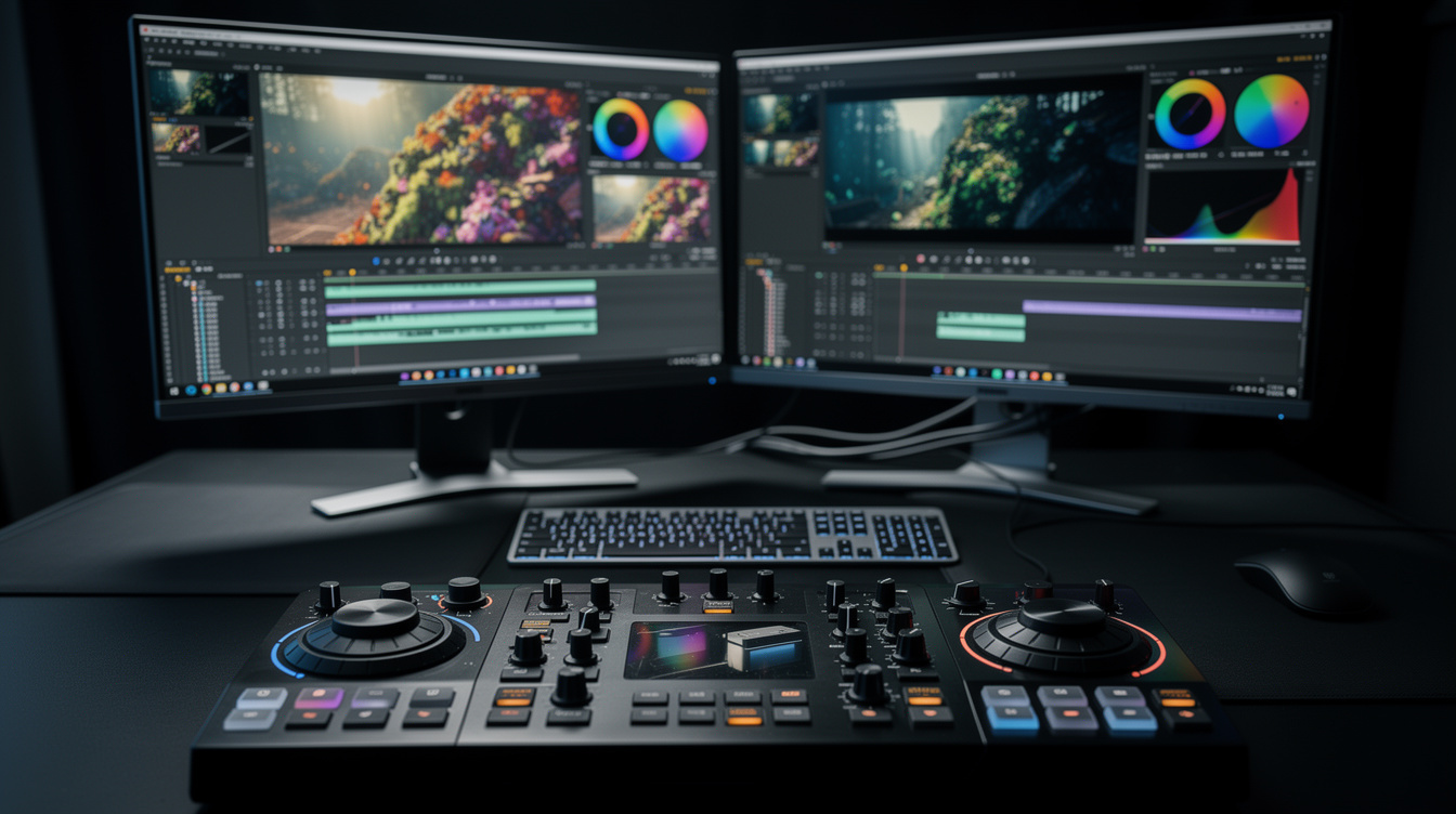 Video editor working at a multi monitor editing desk