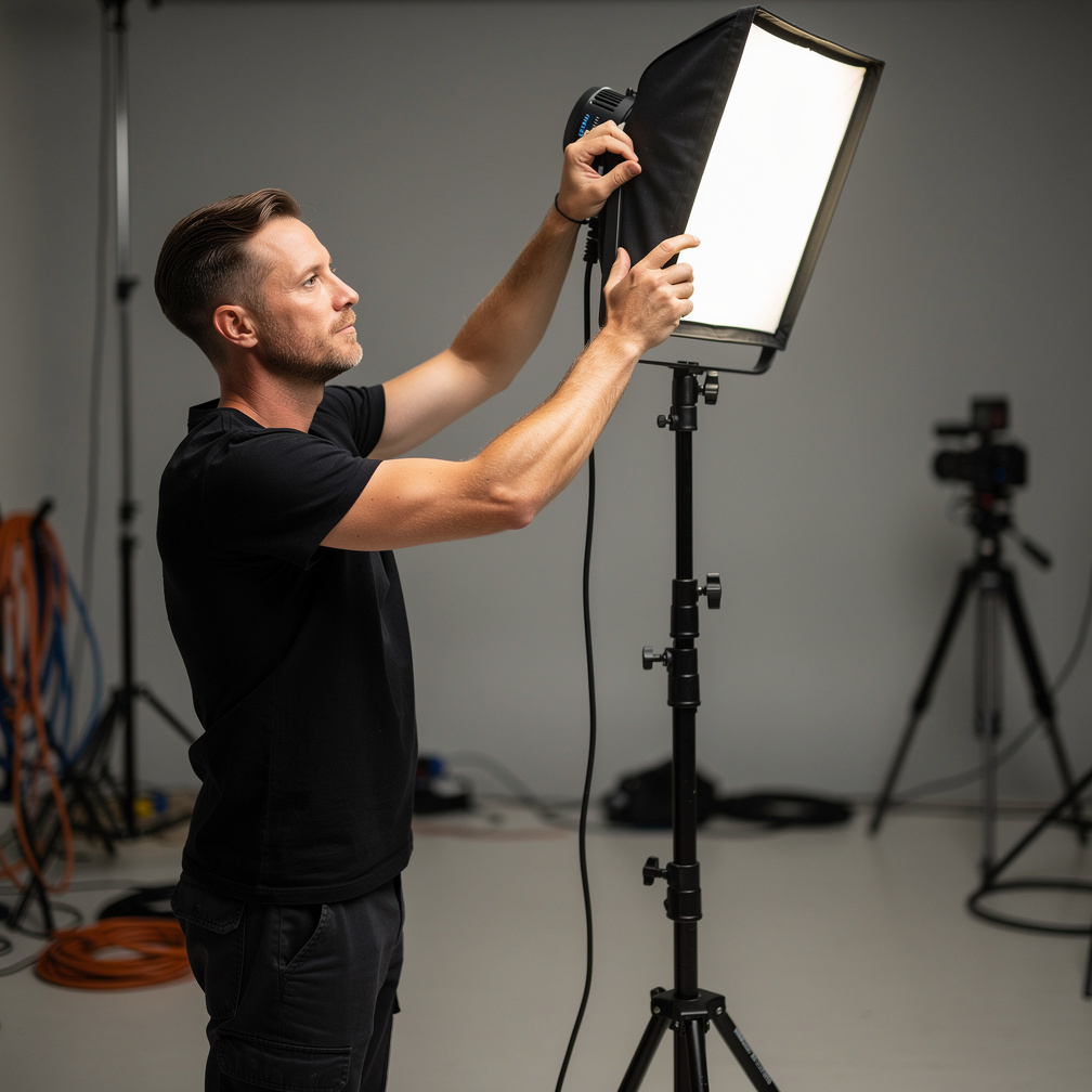 Lighting technician adjusting a softbox light in a studio