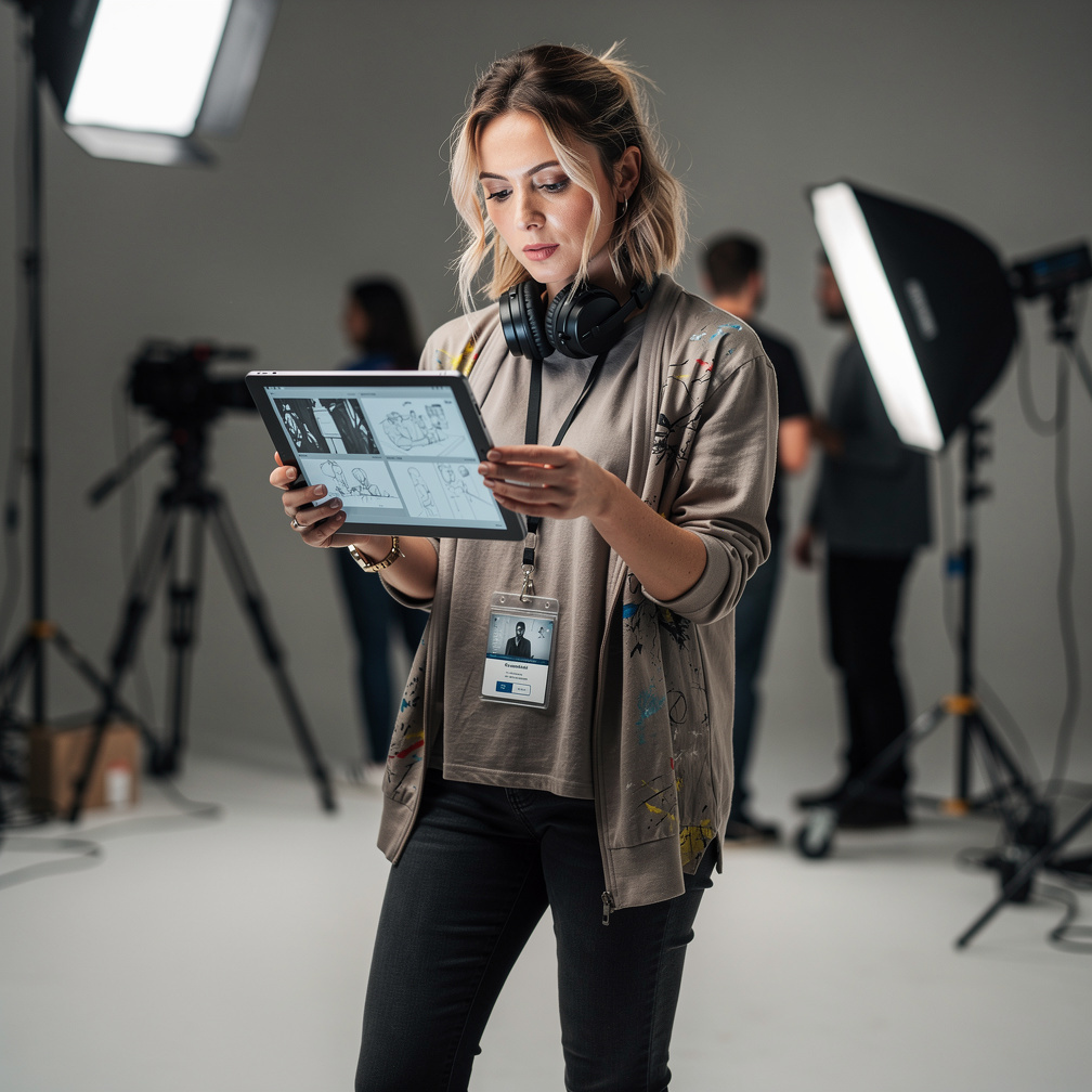 Female director reviewing a storyboard on a tablet on set
