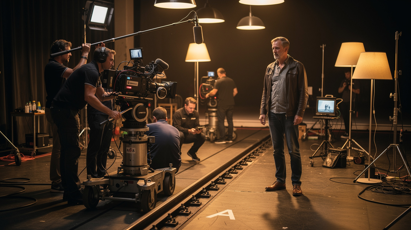 Crew and actors on a narrative film set between takes