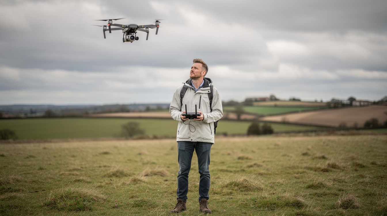 Drone operator flying a camera drone over a landscape