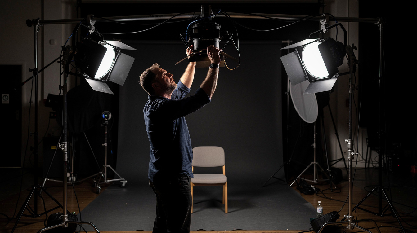 Lighting technician balancing studio lights around a set