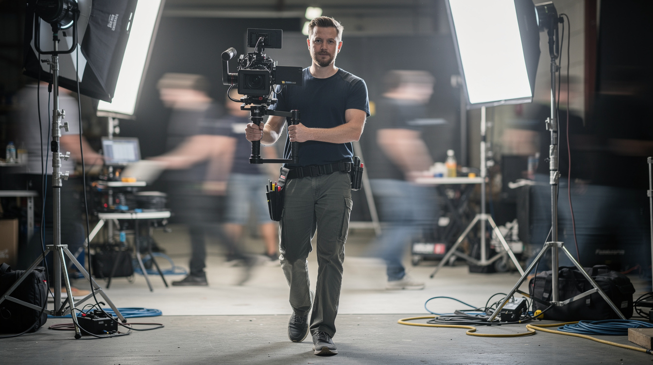 Camera operator using a gimbal stabiliser on set