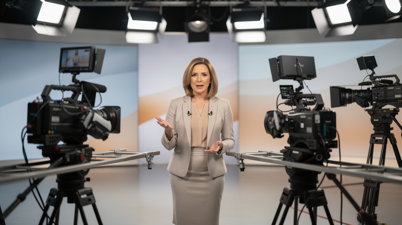 Presenter speaking on a studio set with cameras around
