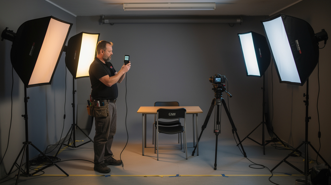 Technician setting up multiple softbox lights on a film set