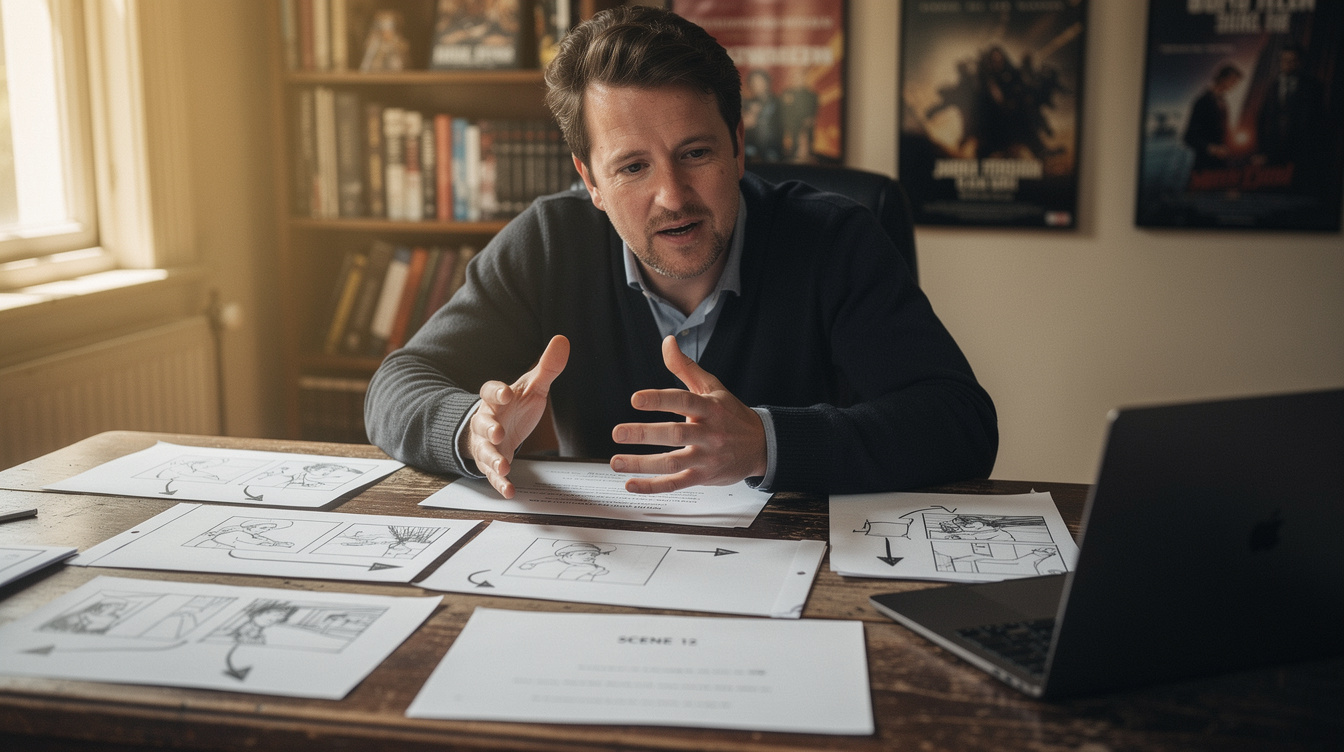 Writer and director planning a storyboard at a desk