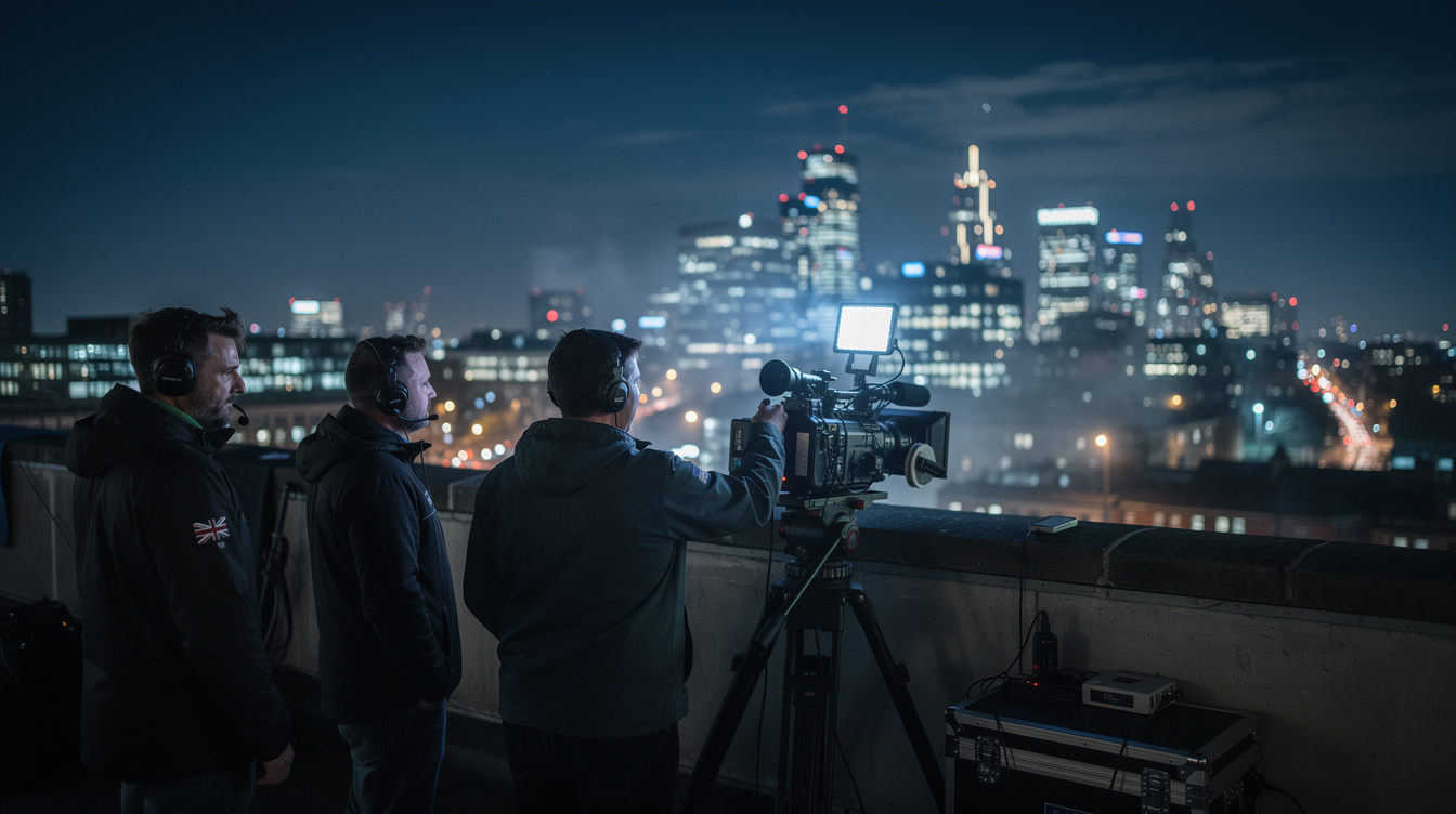 Camera crew filming a night cityscape from a rooftop