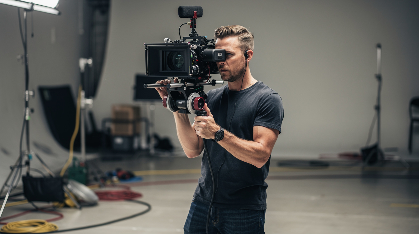 Camera operator filming a scene with a cinema camera on a rig