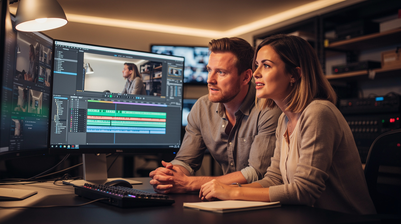 Two colleagues reviewing footage together on a monitor