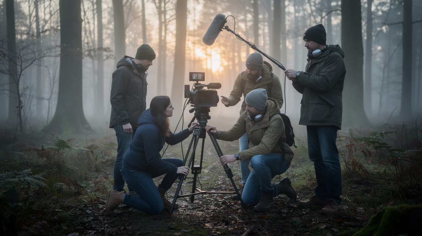 Documentary film crew shooting in a misty forest