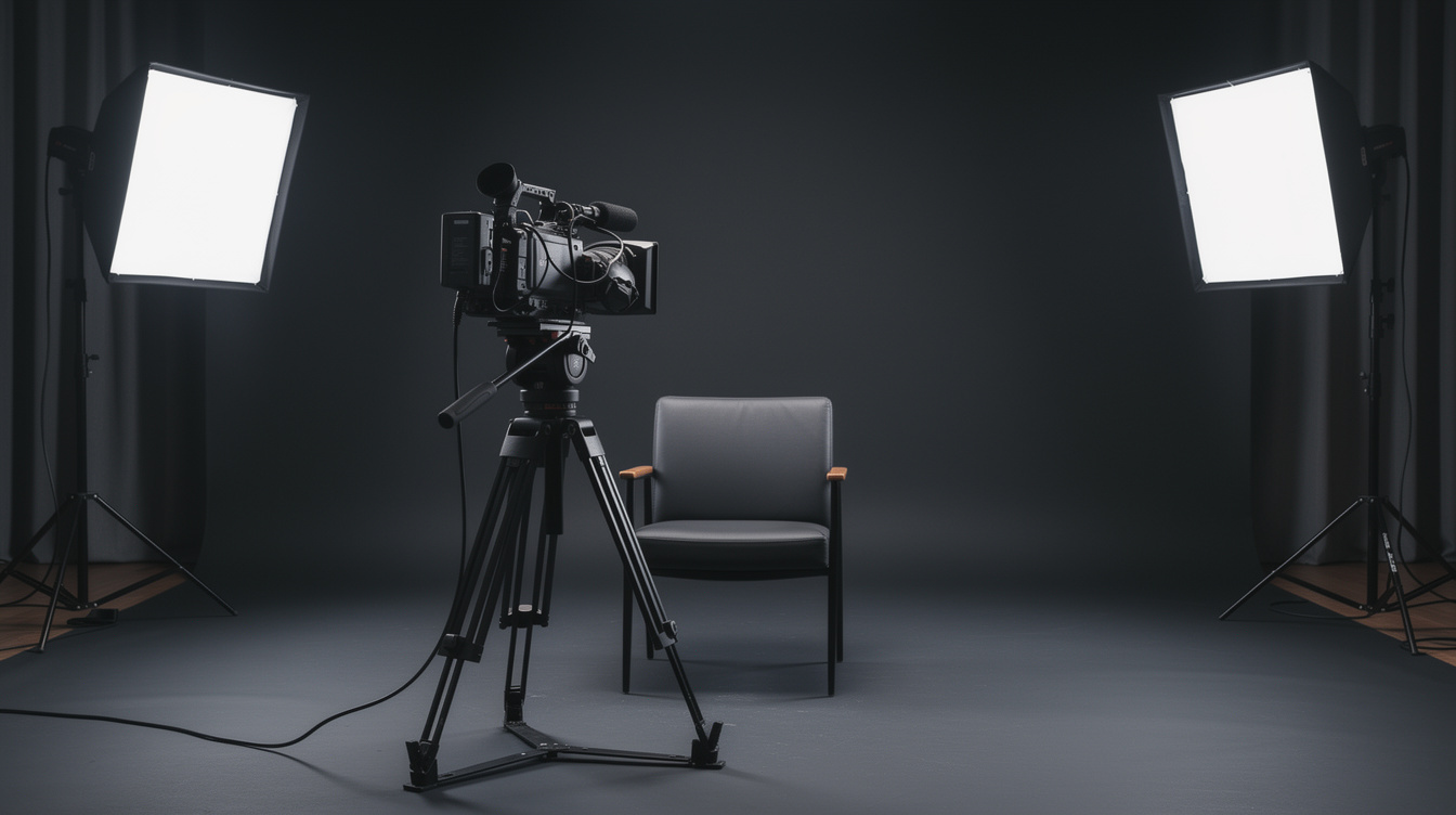 Interview setup with camera and lighting facing an empty chair